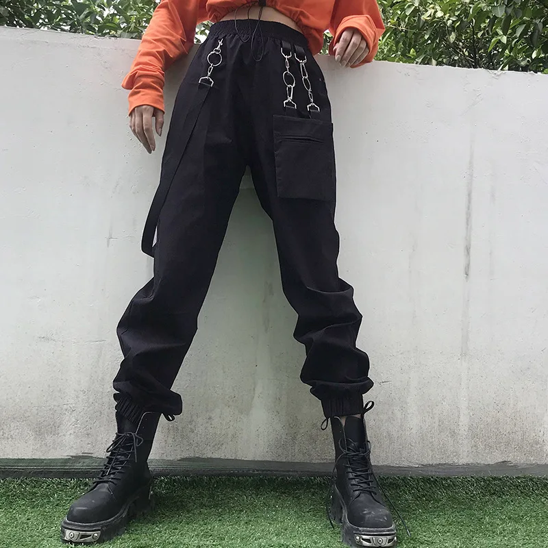 

Europe and the United States women's 2019 autumn irregular chain detachable pockets tooling casual pants hip hop pants