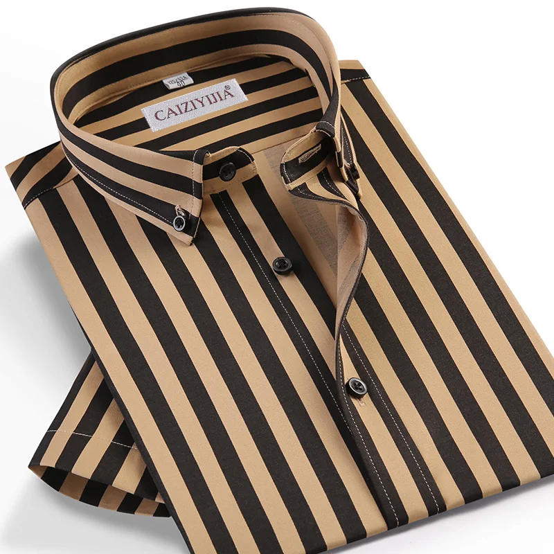 Men's Summer Short Sleeve Vertical Striped Dress Shirts Pocket-less Design Casual Standard-fit Button Down Thin Shirt