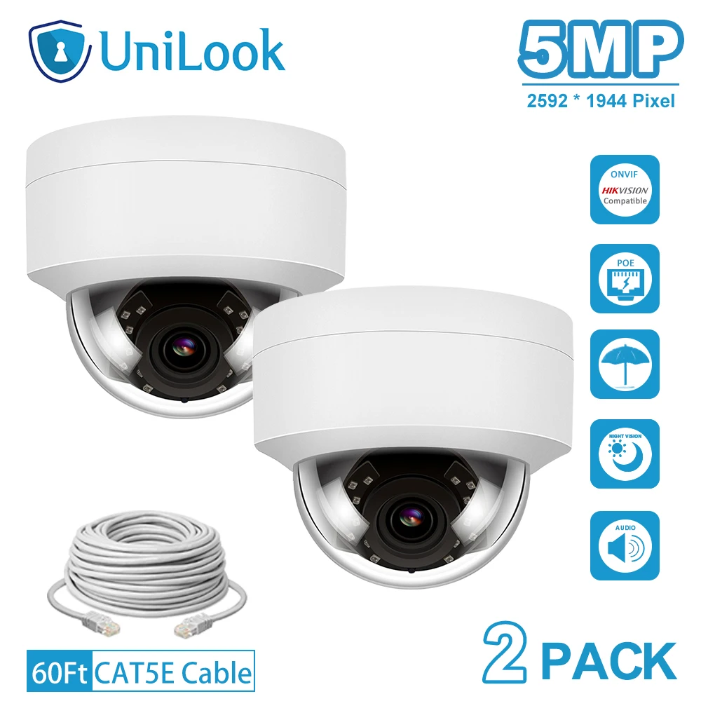 Ip камера UniLook 5MP HD POE 2 шт. в посылка наружная безопасности встроенный микрофон IP66 IR 30m Hikvision совместимая