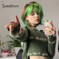 sweetown tie dye print fairycore t shirts vintage aesthetic cute kawaii clothes o neck long sleeve ribbed knitted cropped tees