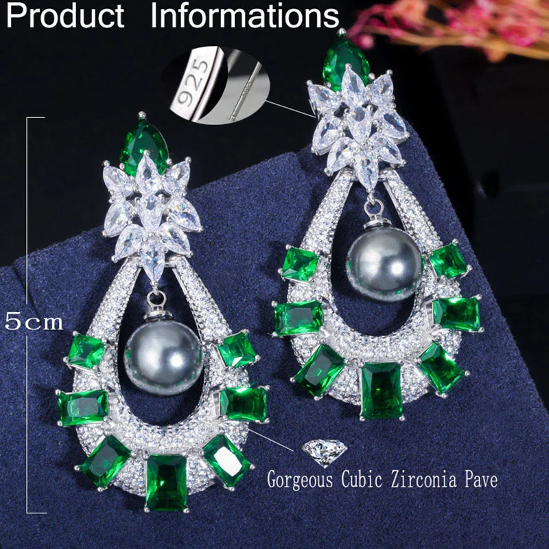 Серьги-подвески женские с зелеными фианитами и жемчугом