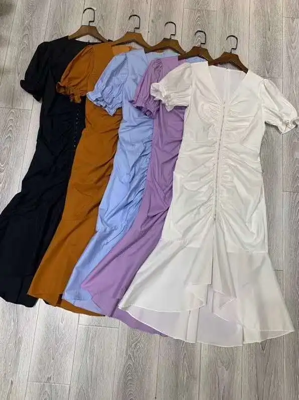 

Summer Fashion 2021 Party Mermaid Dress High Quality Women V-Neck Pleated Ruffle Deco Short Sleeve Sexy Blue Purple Brown Dress