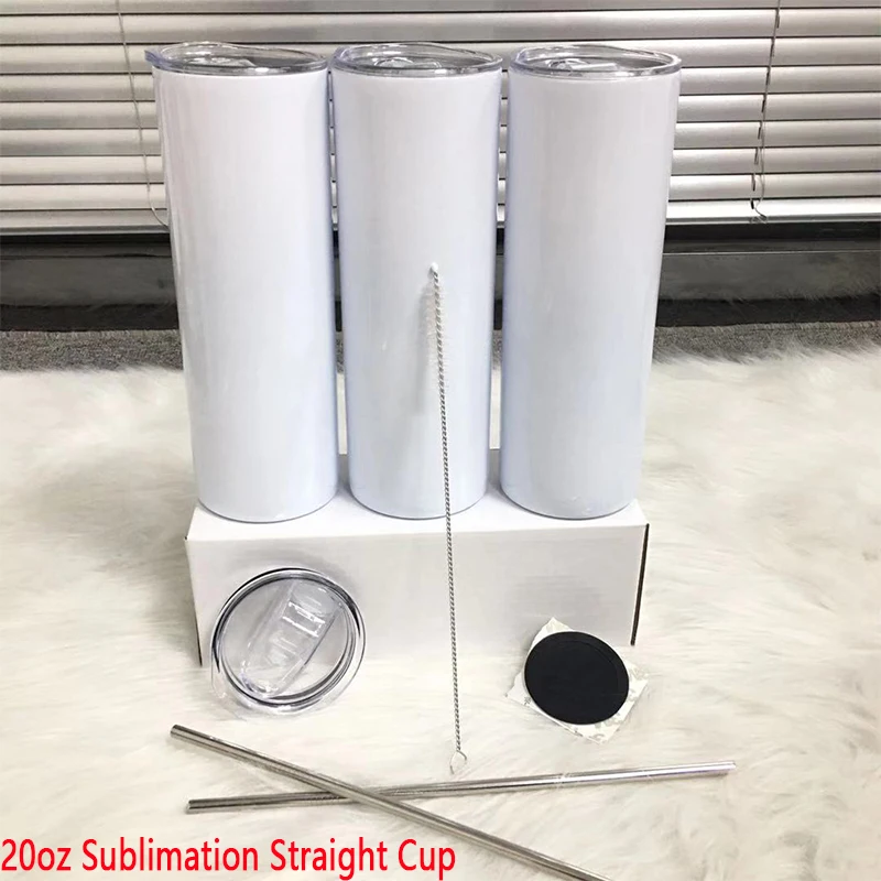 

Wholesale 20oz DIY Sublimation Straight Skinny Tumbler With Metal Straw Brush Rubber Coaster Doubel Wall Thermos Cup With Lids