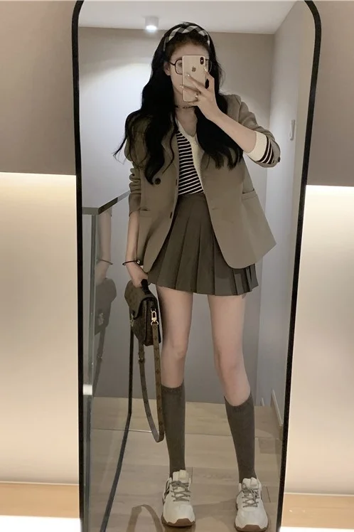 Кофейный повседневный костюм пальто женский новый корейский свободный с длинным