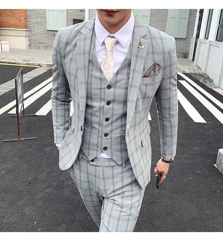 Элегантный Черный, серый цвет Клетчатый костюм «Человек Осень Slim Fit Мужские свадебные костюмы костюм 3 предмета Homme костюмы для торжественных случаев для Для мужчин Q176