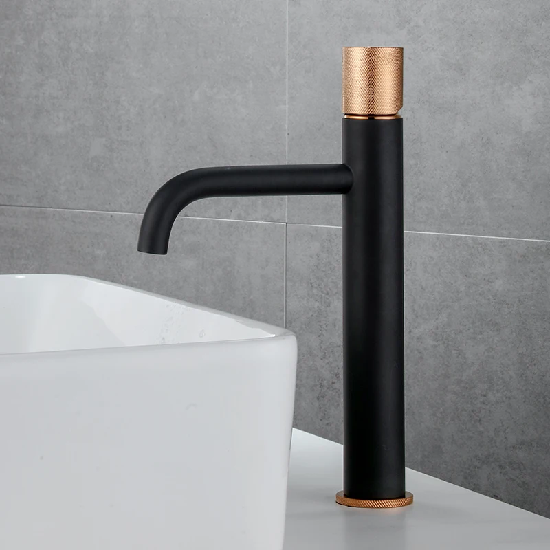

Matt Black Brass Wash Basin Faucet Deck Mounted Water Mixer Tap Knurling Design Waterfall Faucet Bathroom Vessel Sink Faucet