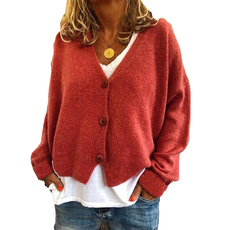 

2020 Winter Solid Color KnittedV Neck Loose Single-breasted Sweater Women Autumn Thin Warm Sweater Jacket Loose Basic Sweater