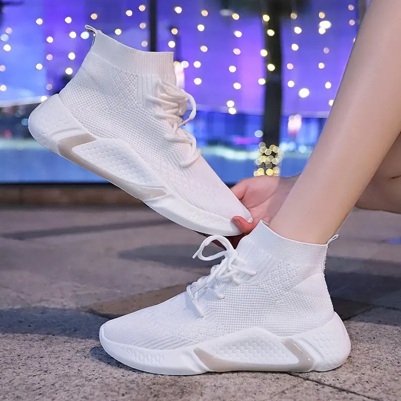 

Autumn Women Socks Shoes Sexy Lace Up Platform Sneakers Woman Shoes Knitting Handmade Shoes Spring Breathable Mesh Running Shoes