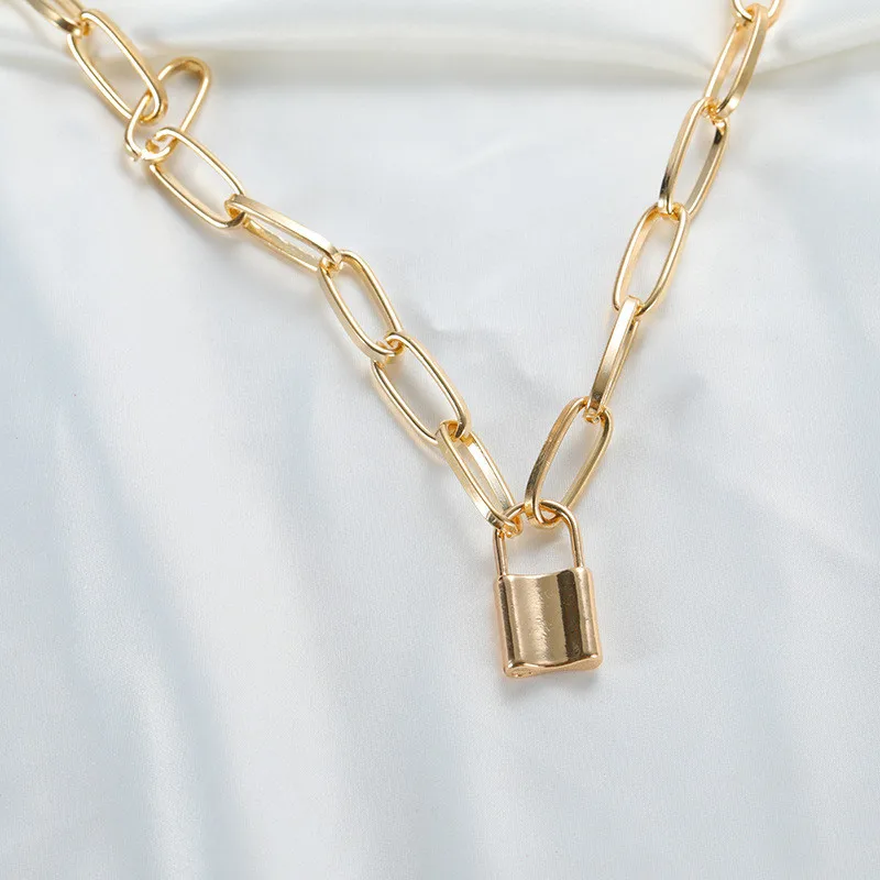 

Lock Pendants Punk Necklaces for Women Gold Color Hollow Chain Personality Female Neck Jewelry