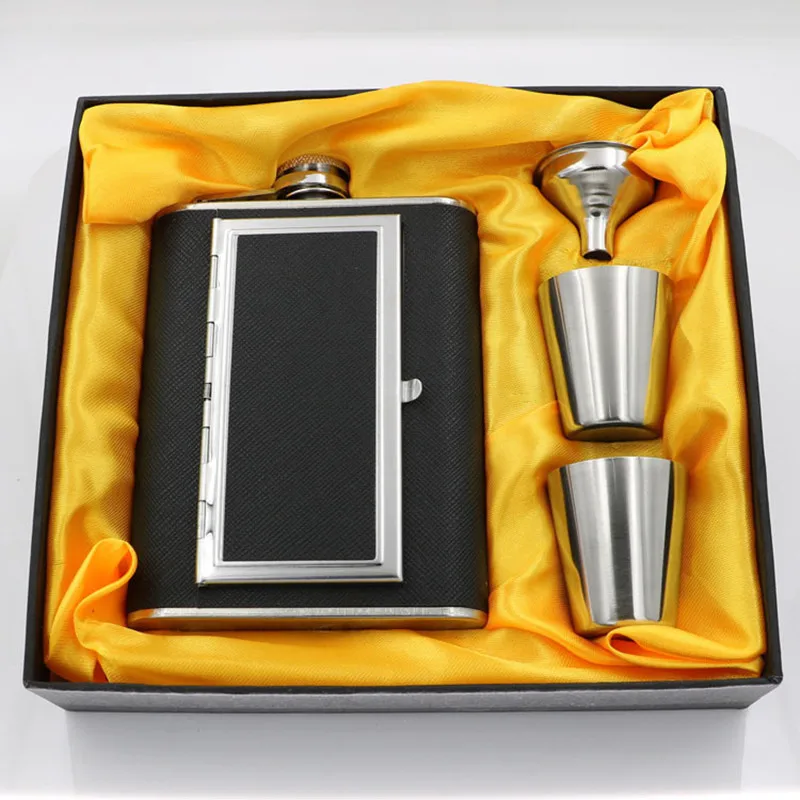 

Creative Cigarettes Case Stainless Steel 304 Hip Flasks PU Leather Whiskey Alcohol Bottle With Funnel Sets For Gift