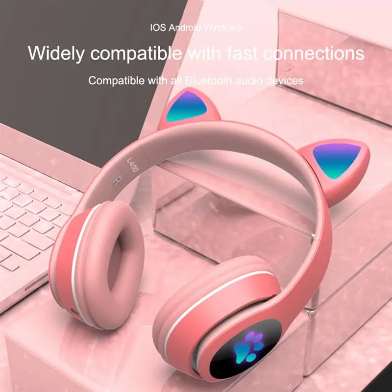 

L400 Over Ear Music Headset Glowing Cat Ear Headphones LED Foldable Bluetooth 5.0 Earphone with Mic AUX IN TF Card for Kids