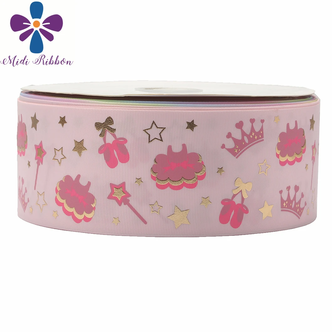 

3"75mm Crown Star Ballet Shoes Gold Foil Colorful Ink Printing Printed Solid Color Grosgrain Ribbon DIY Gift Bowknot 50yards/lot