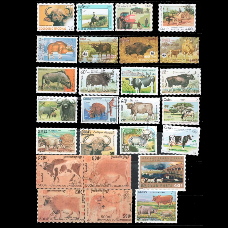 

50 PCS All Different Topic Animal OX Unused Postage Stamps With Post Mark For Collection