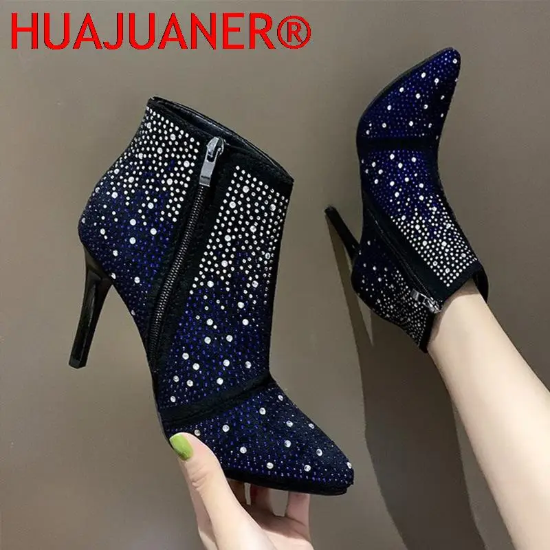 

Женские ботильоны с острым носком, женские туфли на шпильке с кристаллами на молнии, Модная элегантная женская обувь на тонком каблуке, Нови...