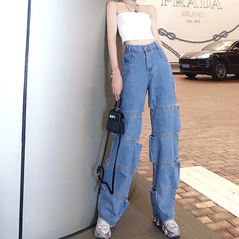 

Woman Jeans Ripped High Waist Clothes Wide Leg Denim Clothing Streetwear Vintage Quality 2021 Fashion Straight Pants