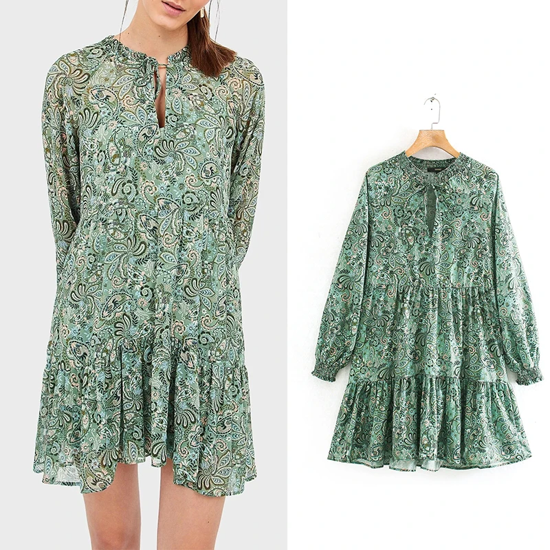 Женское платье 2019 za Ретро стиль каскадные оборки мини с длинным рукавом
