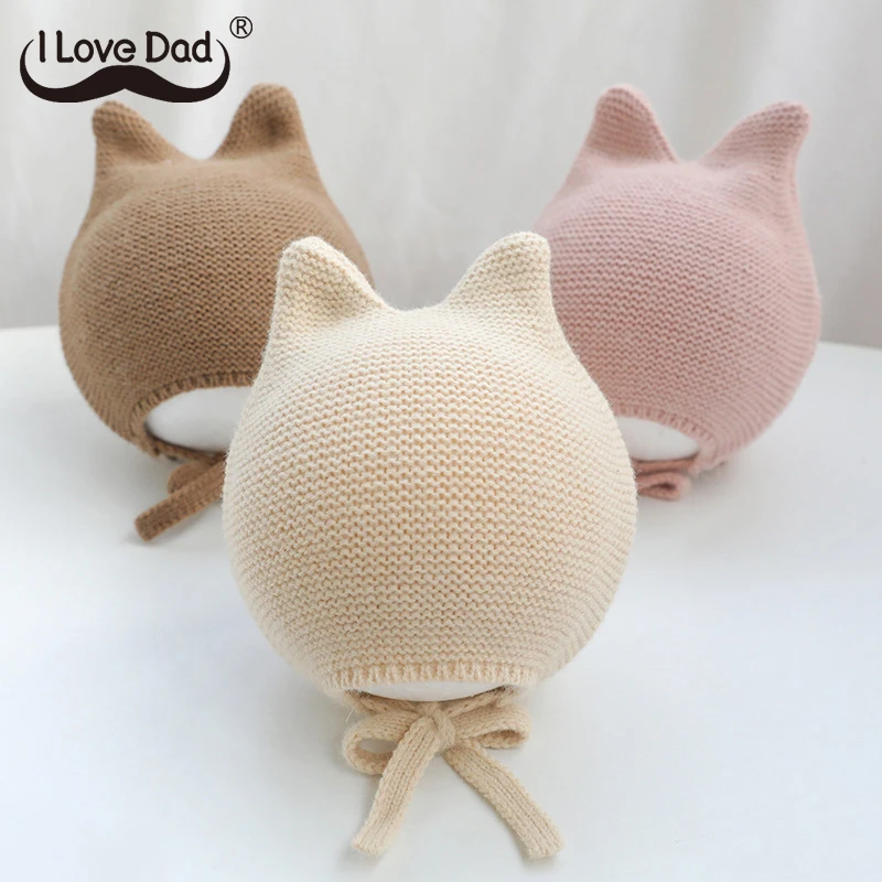 Шапка детская осенне-зимняя вязаная однотонная с ушками вязанная шапка для