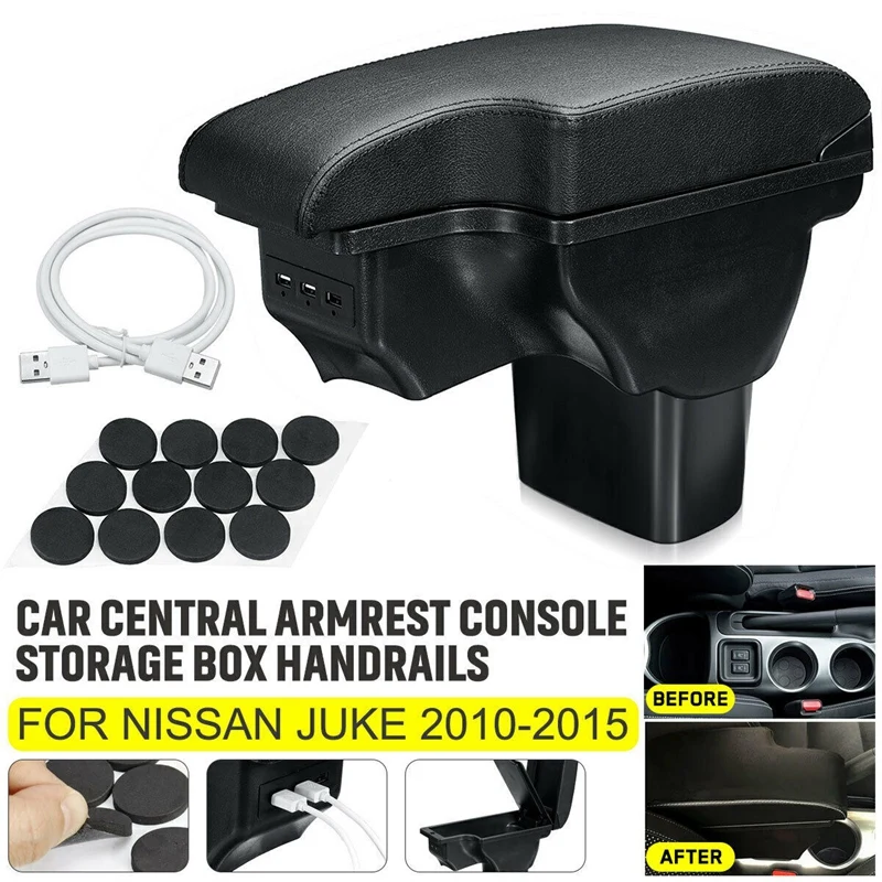

For Nissan Juke Infiniti ESQ 2011-2019 Central Armrest Storage Box Handrails Double Layer Storage with 3 USB Port Black