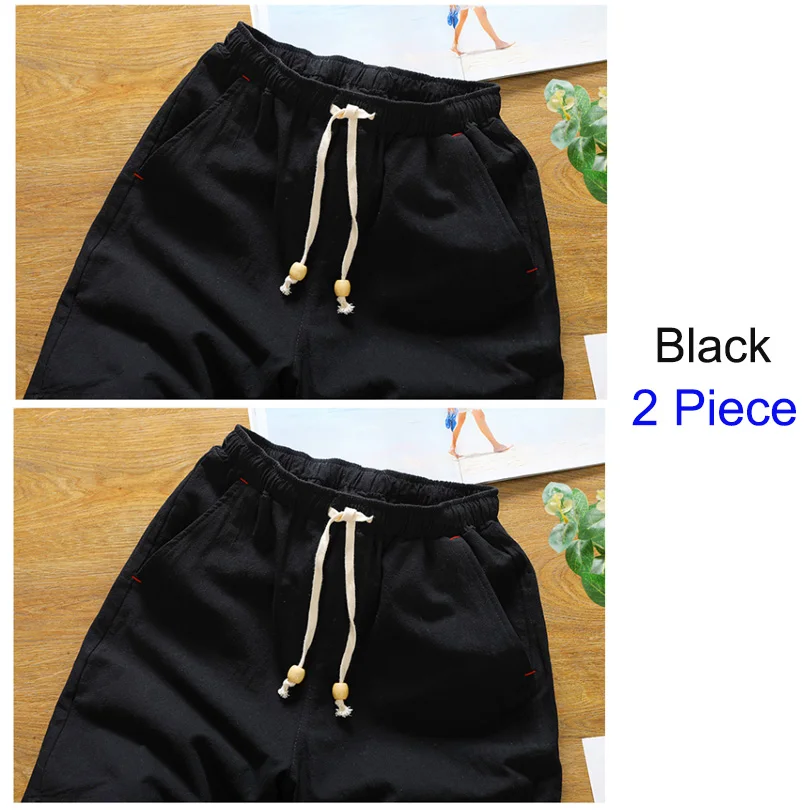 Black 2 Piece Брендовые мужские шорты высокого качества из льна и хлопка, удобные повседневные спортивные шорты, мужские уличные однотонные модные шорты, мужские FK66-1 - Цвет: Black 2 Piece