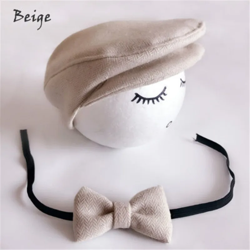 Newborn Baby Peaked Beanie Cap Hat + Bow Tie Photo Photography Prop Outfit Set Little Gentle Man Accessories | Детская одежда и