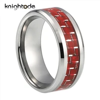 8mm red carbon fiber inlay tungsten carbide wedding band rings beveled edges surface polished shiny comfort fit