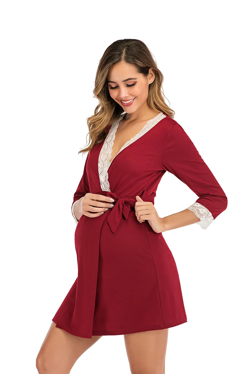 2021 Pregnancy Pajamas Sleepwear Red Black Pregnant Pyjama Mother Breastfeeding Nightgown Elegant Lace Maternity Nursing Dress images - 6