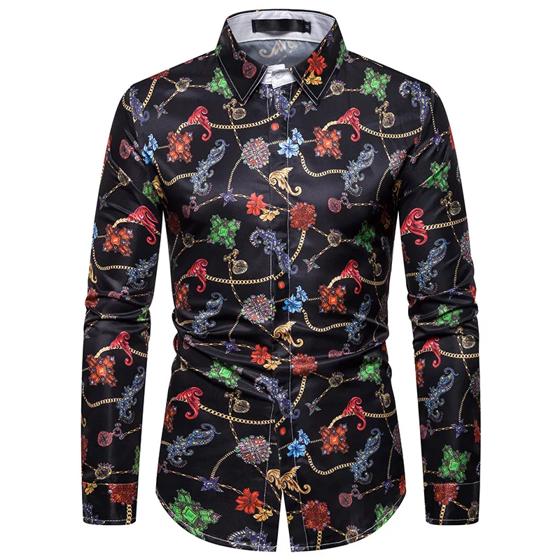 Luxury Royal Mens Shirts Casual Slim Fit Cross Gemstone Printed Long Sleeve Slim Fit Chemise Homme Men Prom Party Tuxedo Shirt