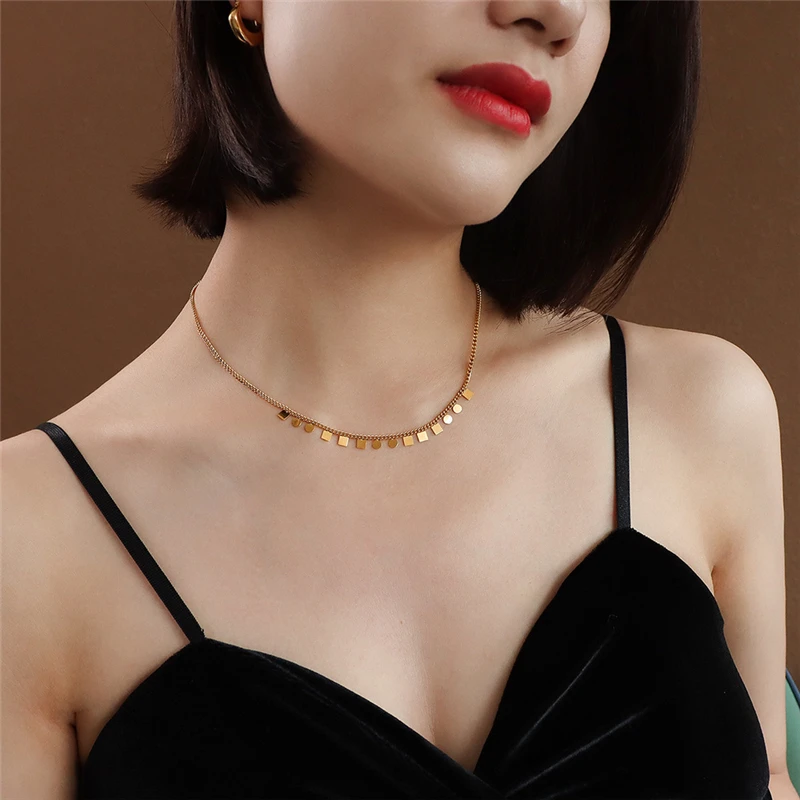 

Bridal Jewelry Fashion Geometric Square Round Tassel Necklaces For Women Wedding Accessories Stainess Steel Chokers Collier 2021