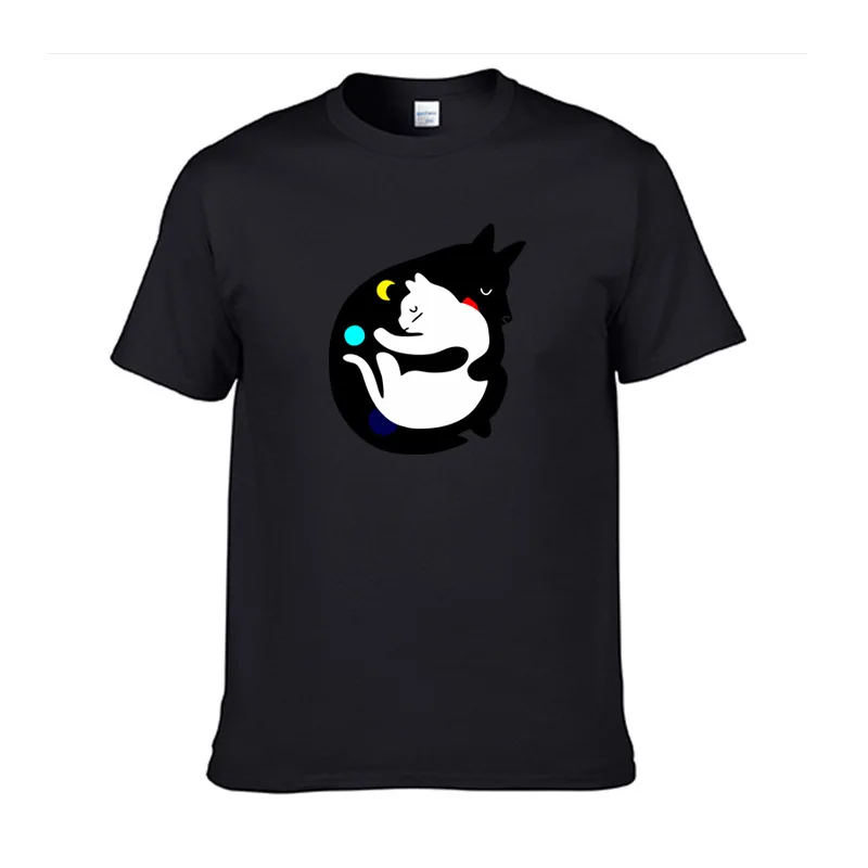 

Dog Hug Cat Sleeping Print T-shirt Women Casual Cute Round Neck Cotton Short-sleeved Men and
