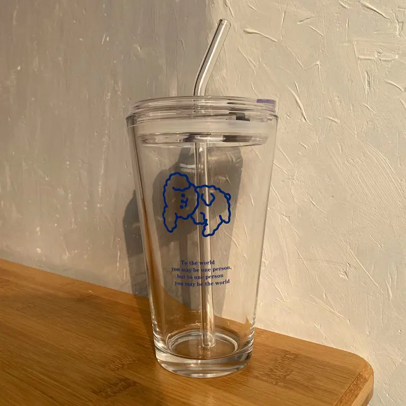 Термостойкая стеклянная чашка для воды с крышкой соломинка креативная