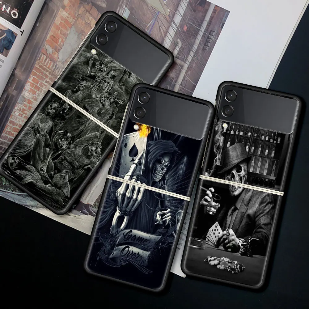 

For Samsung Galaxy Z Flip 3 5G Case Luxury Matte Black Hard Phone Cover ZFlip 3 Shockproof Fundas Shell Grim Reaper Skull Coque