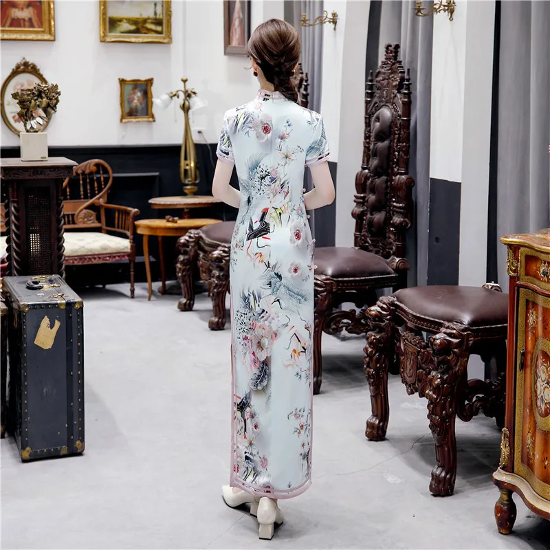 

Chinese Elegant Women Satin Cheongsam Novelty Print Flower Qipao Sexy Long Dress Vintage Mandarin Collar Vestidos Big Size 4XL