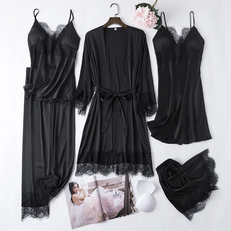 

Sexy Lace Satin Robe Gown Sets Womens 5PCS Nighty Bathrobe Nightgown Sleep Suit Spring Sleepwear Home Kimono Intimate Lingerie