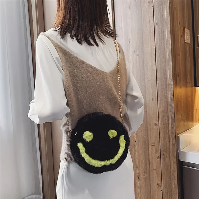 Женская осенне зимняя леопардовая плюшевая сумка со смайликом круглые сумки на