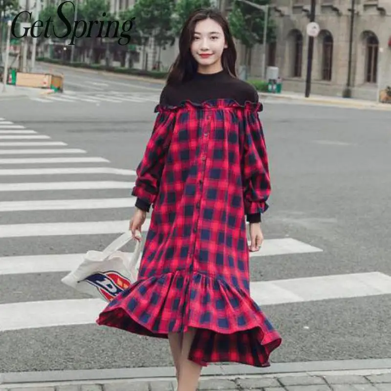 Женский свитер в клетку GETSPRING длинный с круглым вырезом и рукавами-фонариками