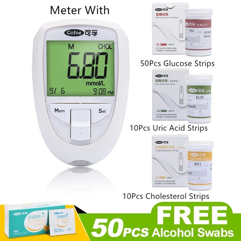 Meter with 70 strips Cofoe, 3 в 1, набор для измерения уровня холестерина, мочевой кислоты и глюкозы в крови, домашний портативный мультимонитор с тестовыми полосками и ланцетами - Цвет: Meter with 70 strips
