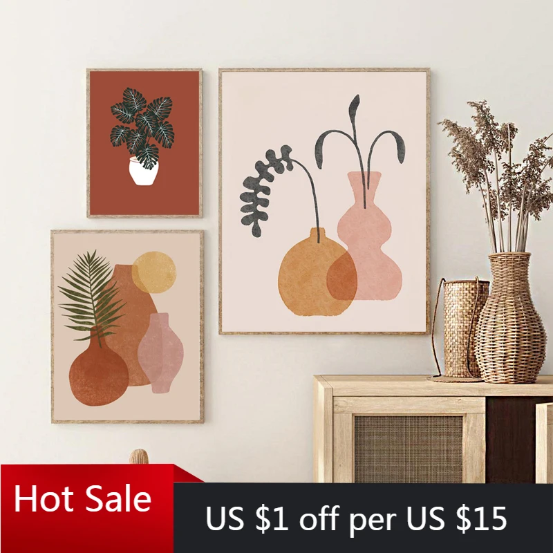 

Bohemian Style Abstract Vase Canvas Painting Abstract Plant Green Leaf Wall Art Decor Pictures For Posters Aesthetic Room Decor