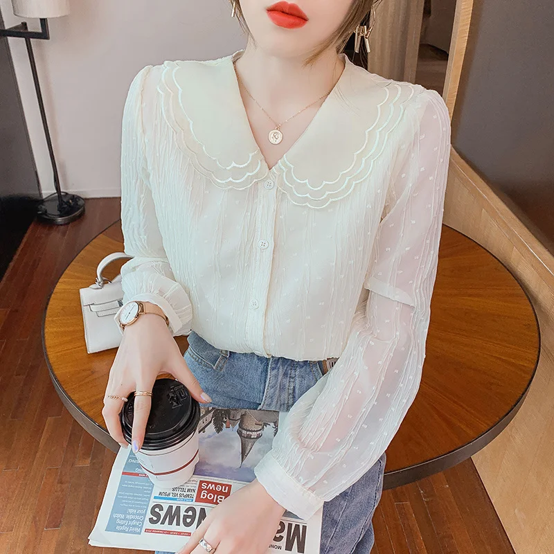 

CMAZ Fall 2021 New Peter Pan Collar Top Western Style Lace Chiffon Shirt Elegant Long Sleeve Blouse Women