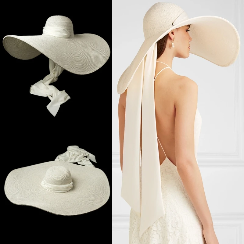 

Girls Straw Cap Hepburn Style Lightweight Braided Hat Flowing Streamer Adjustable Sun Cap Charming Lady Daily Accessory M7DD