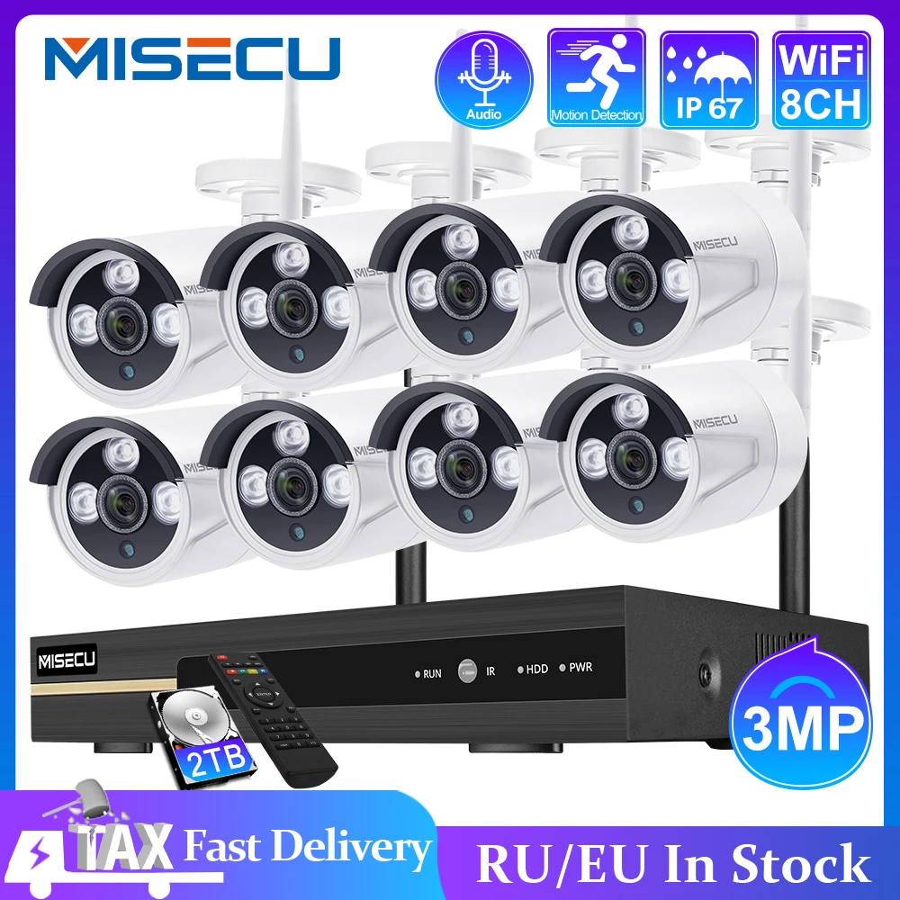 

Беспроводная система видеонаблюдения MISECU, 8 каналов, NVR, 3 Мп, запись звука, уличная Водонепроницаемая P2P Wi-Fi камера безопасности с ИИ комплект...