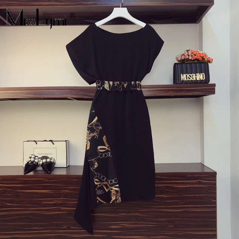 

L-4XL Plus Size Women T shirt Dresses Summer 2021 Fashion Harajuku Batwing Sleeve Print Patchwork Asymmetry Ladies Long Dress