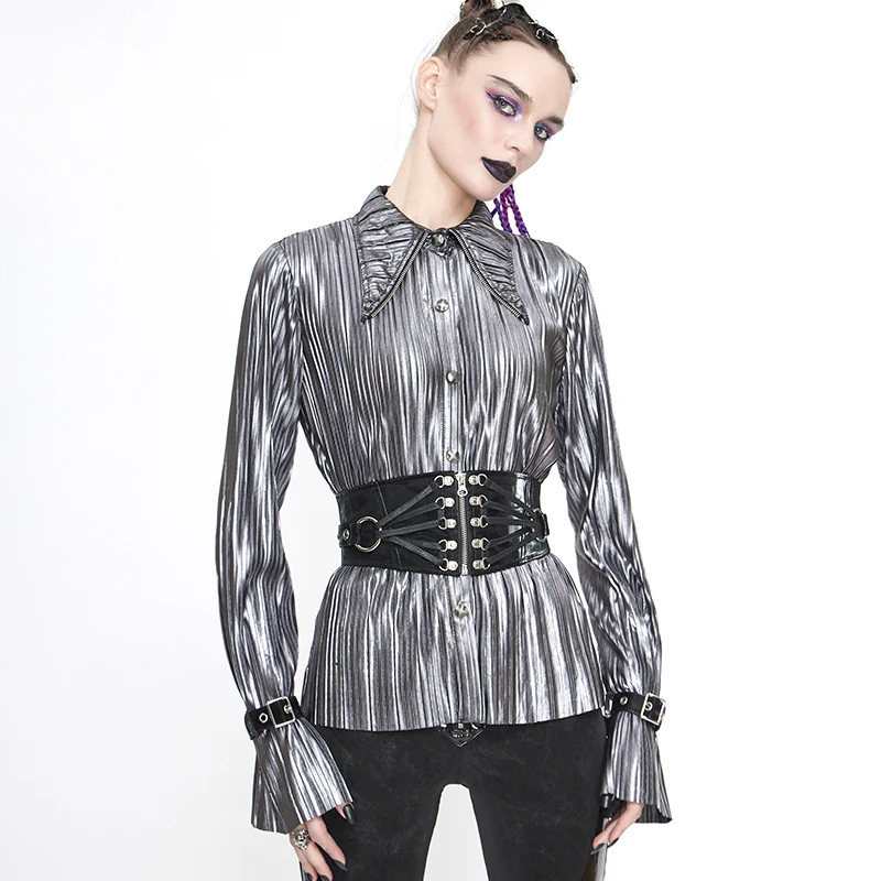 

Steampunk Rock Print Striped Cool Casual Shirt Loose High Street Gray Long Sleeve Top