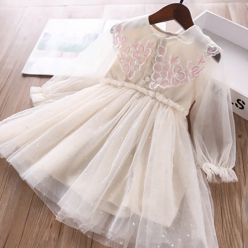 Детское платье с длинными рукавами сезон весна шикарные платья из тюля цветочной