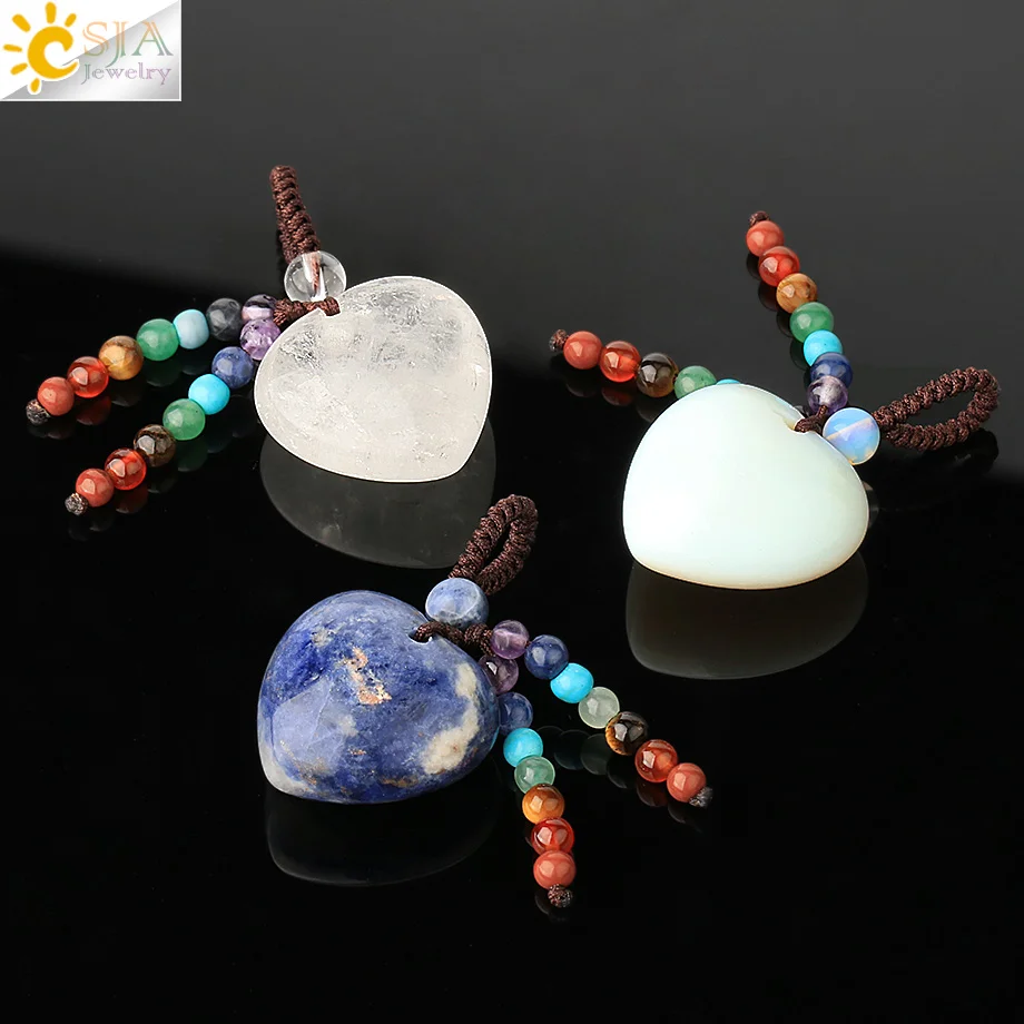 CSJA Natural Stone Heart Pendants 4mm Reiki 7 Chakra Bead Tassel Charm Healing Pink Quartz Crystal Black Necklace Women Men G536 | Украшения