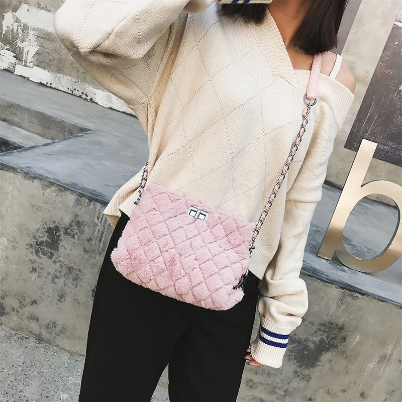 Меховая женская сумка новинка 2019 бархатная клетчатая цепочка маленькая