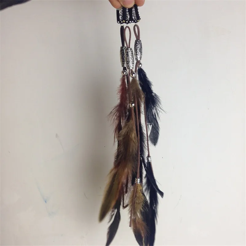 

The Indian Feather Headband Headdress Hair Rope Headwear Tribal Hippie Handmade Hair Accessories for Women 12