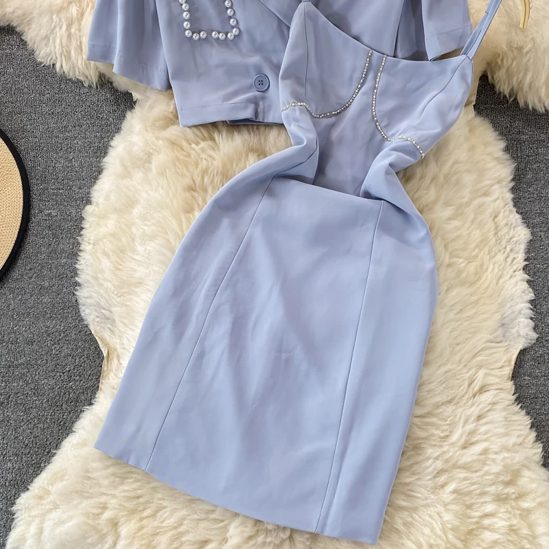 

Casual Fashion Elegant Women's Clothing Two-piece Set 2021 Summer Retro Pearl White Short Suit Tops+Sexy Strap Hip Dress