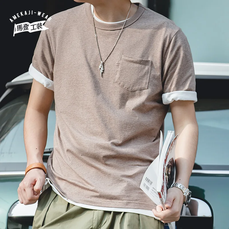 

2022 Maden Thick Fabric T-shirt Men Solid Color Layered Chest Pocket Tshirt Melange Vintage Short Sleeve Tshirt 100% Cotton Top