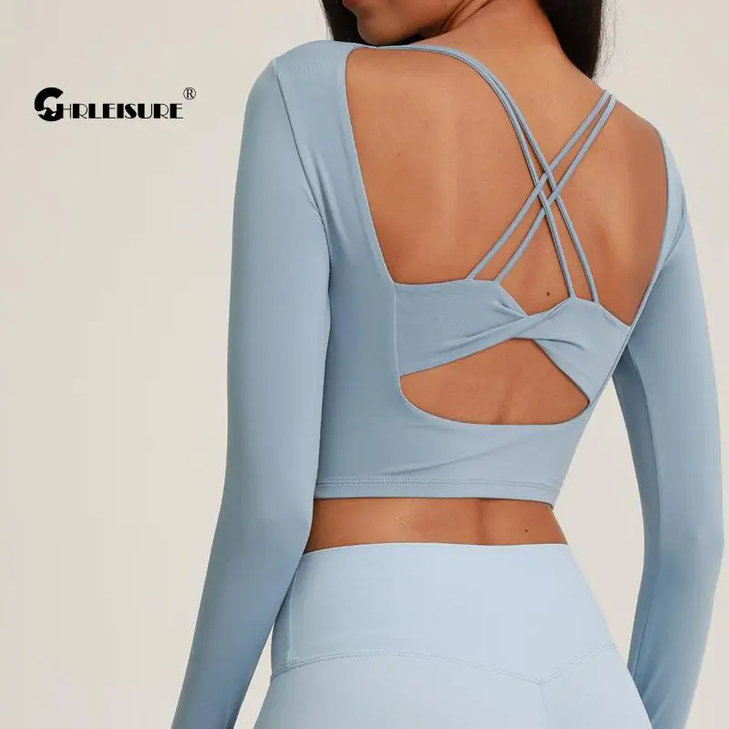 

CHRLEISURE Slim Sports Blouses Sexy Back Hollow Cross Shoulder Straps Yoga Long Sleeve Running Breathable Quick Dry Gym Top