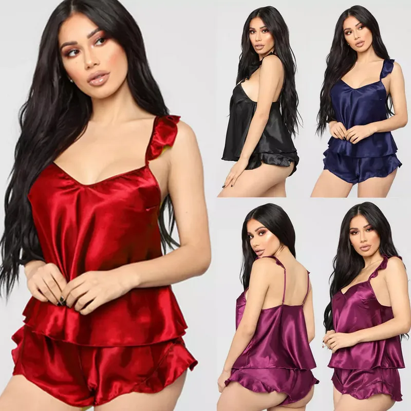 

Hot Satin Silk Sexy Lingerie Babydoll Underwear Women Sleepwear Nightwear Pajama Sets Ruffles Solid Lace Homewear Stylish New